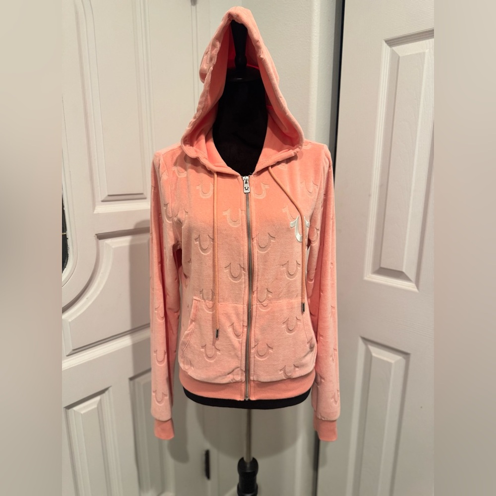True Religion Women's Logo Matte Velour Zip Hoodie Pink Medium Long Sleeve Rare